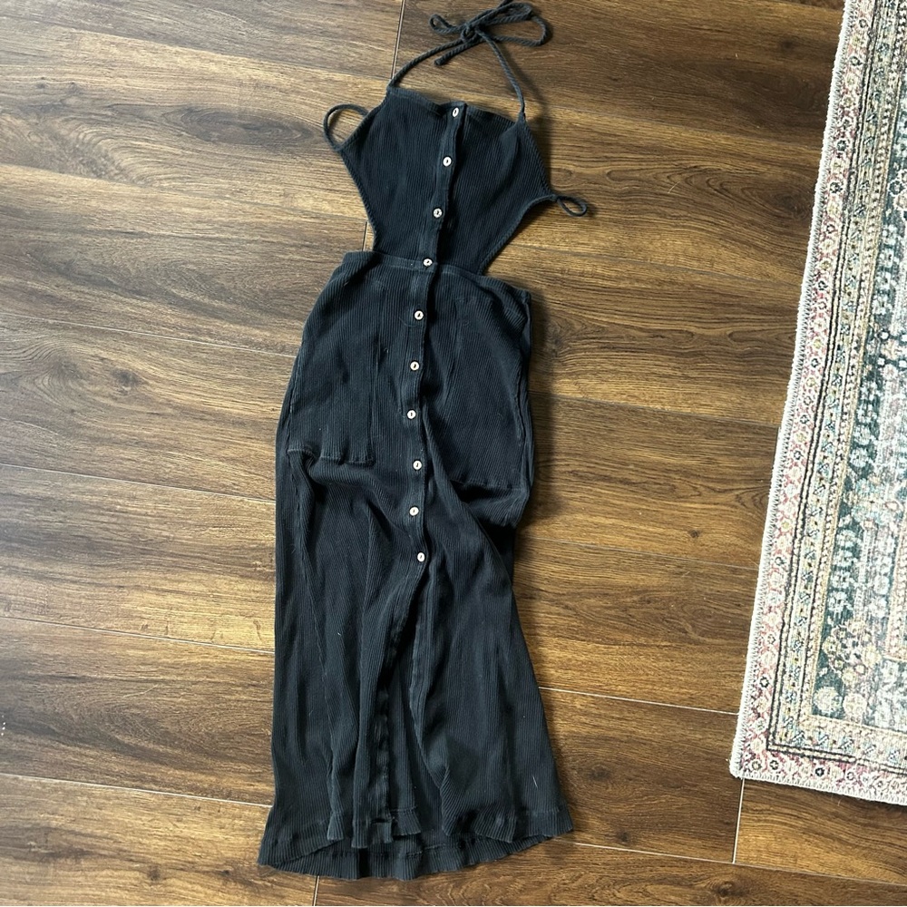 free people beach margaret midi dress in black | size medium
